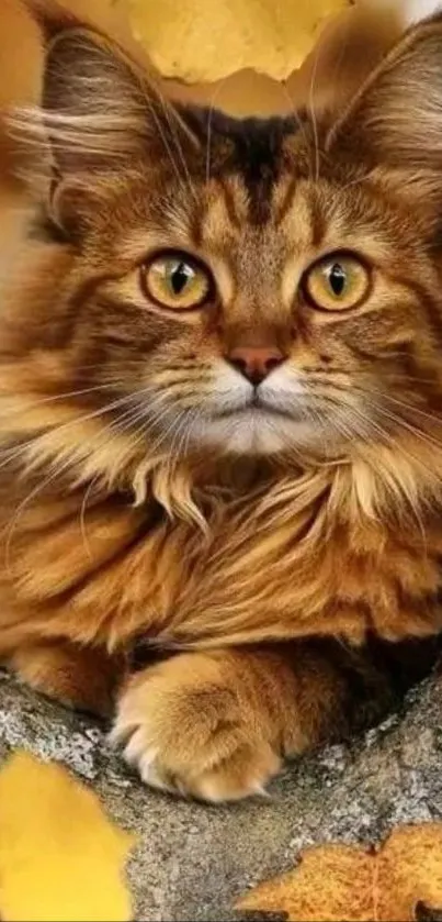 A majestic cat nestled among autumn leaves in nature.