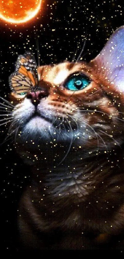 Cat with butterfly on nose, glowing moon.