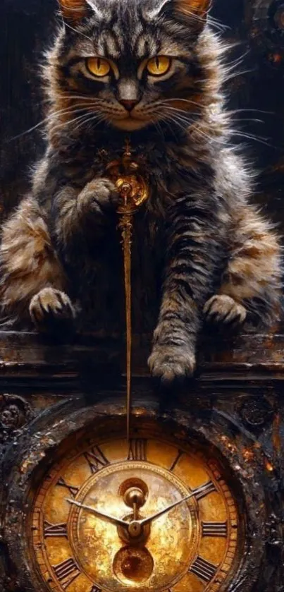 A majestic cat sits atop an ornate clock with a steampunk style.