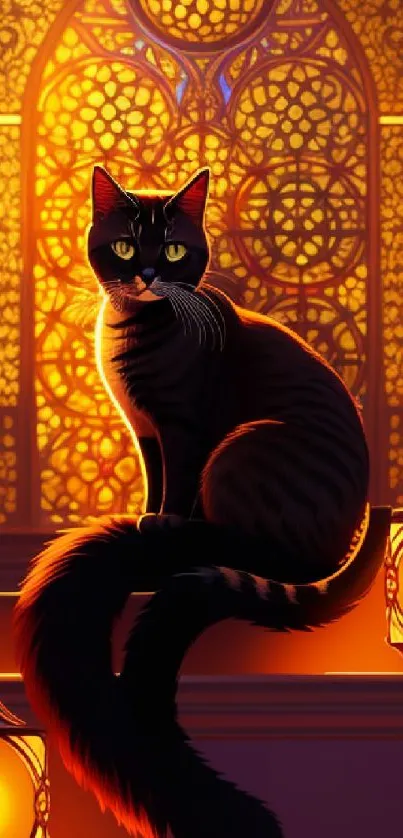 Artistic black cat with glowing lantern decor on mobile wallpaper.