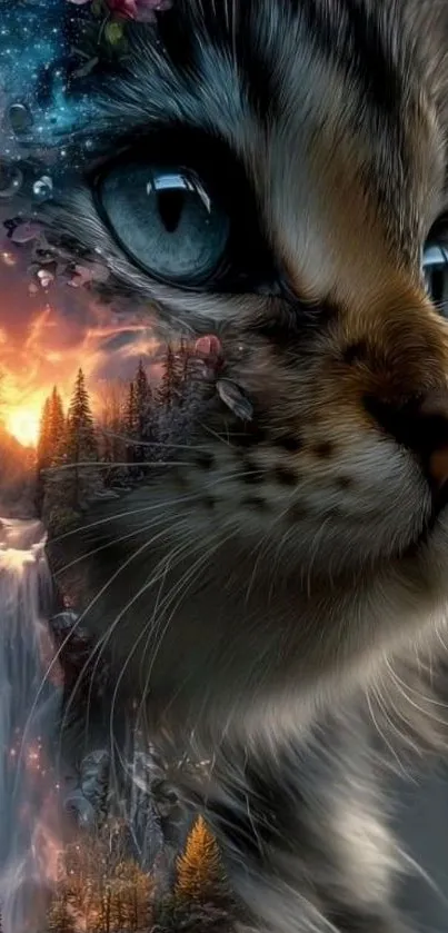 Fantasy cat and waterfall phone wallpaper
