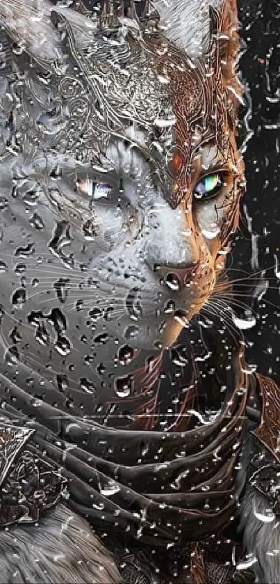 Fantasy armor-clad cat with rain droplets on mobile wallpaper.