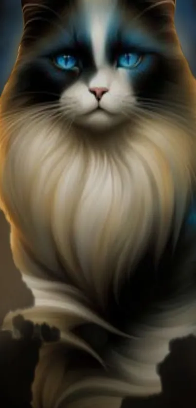 Majestic blue-eyed cat with elegant fur artwork.