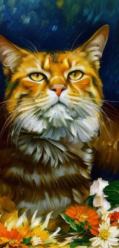 Majestic cat painting with flowers in vibrant colors.