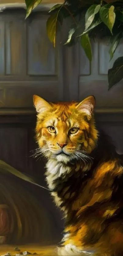 Majestic cat painting on a wooden background.