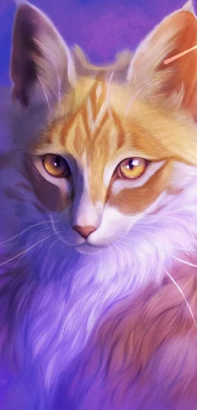 Artwork of a regal cat with orange fur on a vibrant purple background.