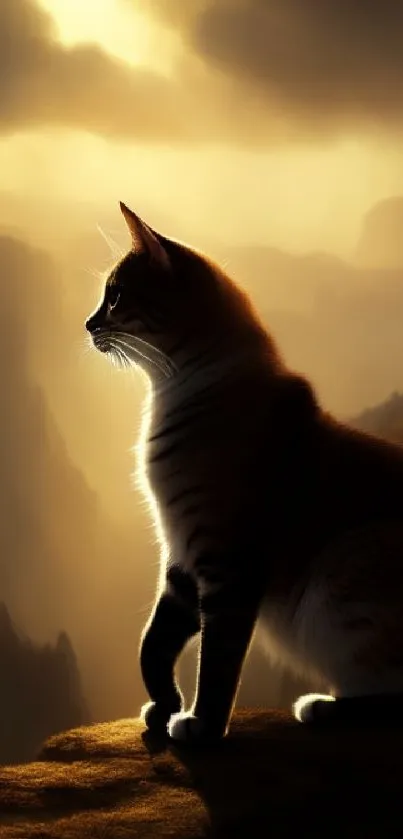 Silhouette of a cat against a golden sunset in a serene mountainous landscape.