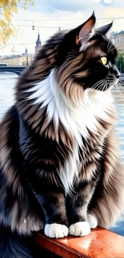 A majestic cat sits by a scenic river, creating a serene and artistic ambiance.