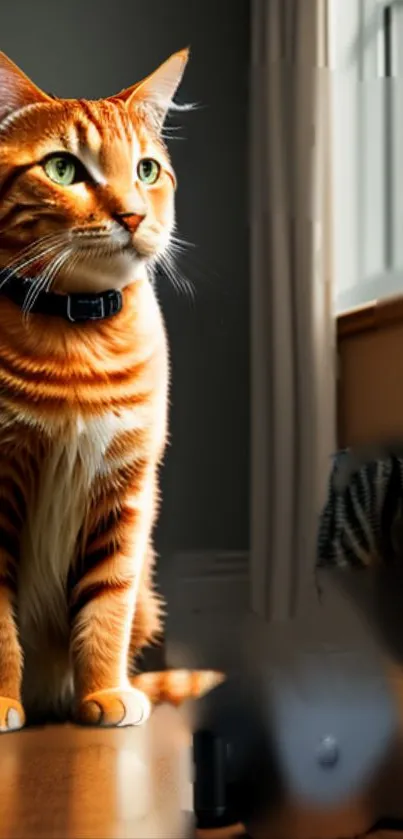 Orange cat sitting by a sunlit window, creating a warm ambience.