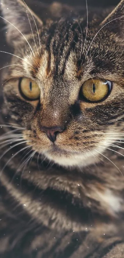 Close-up of a cat with striking eyes in a detailed, brown-toned fur.