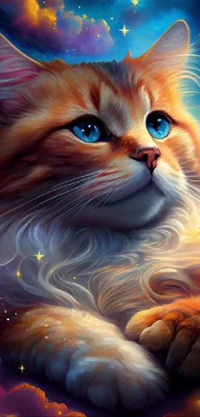 Majestic cat in a fantasy dreamscape, with vibrant colors and starry sky.