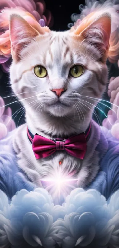 Elegant cat in fantasy clouds with colorful bow tie.