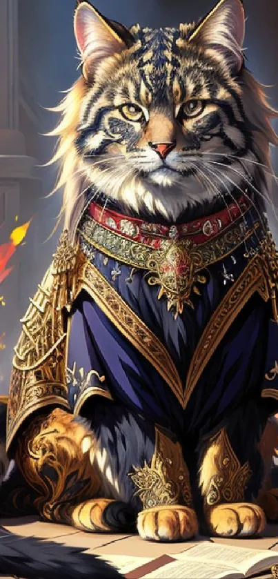 Fantasy art of a regal cat in ornate attire with fiery background for phone wallpaper.