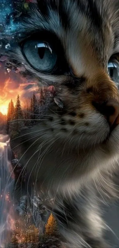 Majestic cat with fantasy landscape in artful wallpaper.