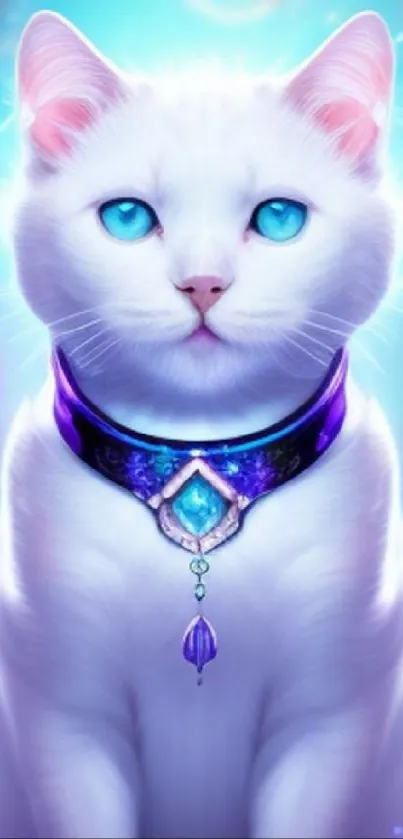 Mystical white cat with blue eyes and gems in a fantasy setting.