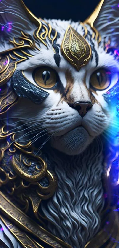 Majestic cat with gold armor art wallpaper.