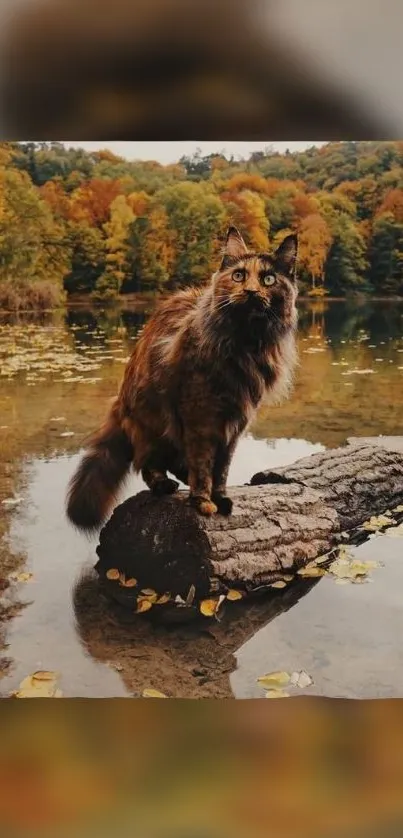 Majestic cat on a log with autumn forest backdrop.