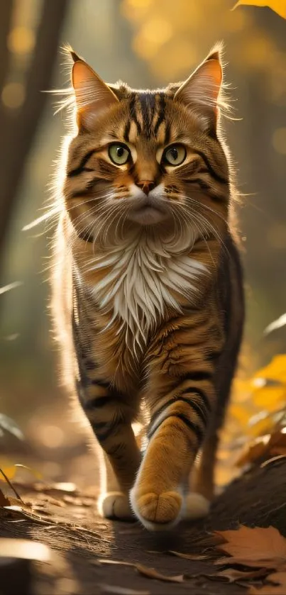 Majestic cat walking through an autumn forest with yellow leaves.