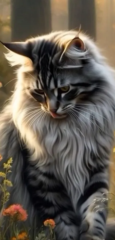 Majestic Maine Coon cat in a blooming meadow, surrounded by flowers.