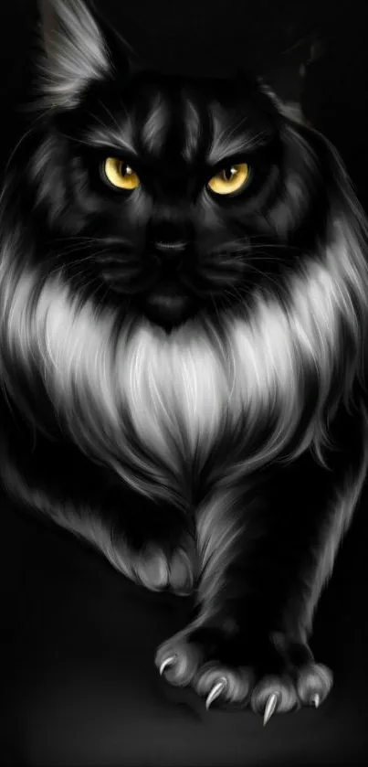 Artistic black cat with white fur highlights on a dark background.