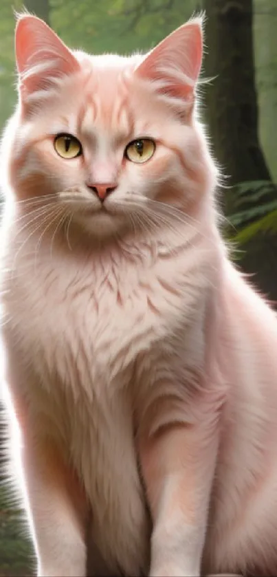 Majestic pinkish cat in a green enchanted forest wallpaper.