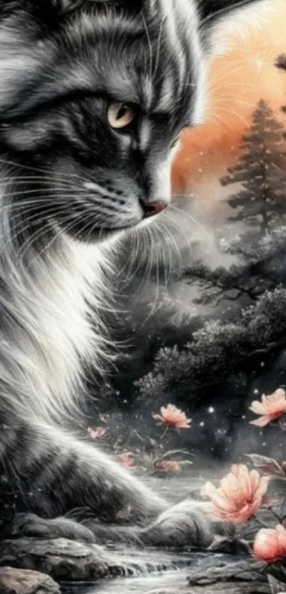 Majestic cat in enchanted forest with flowers.