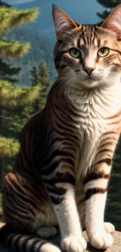 Majestic tabby cat in a lush forest setting, perfect for wallpaper.