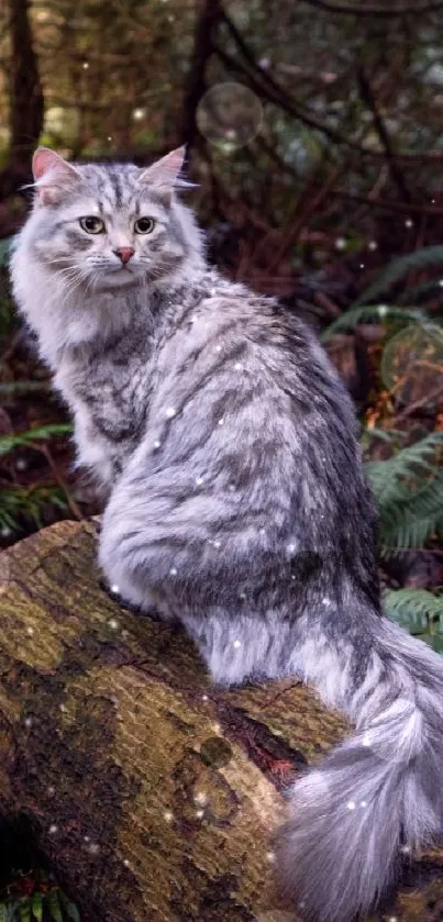 Gray cat on a mossy log in a lush forest scene.