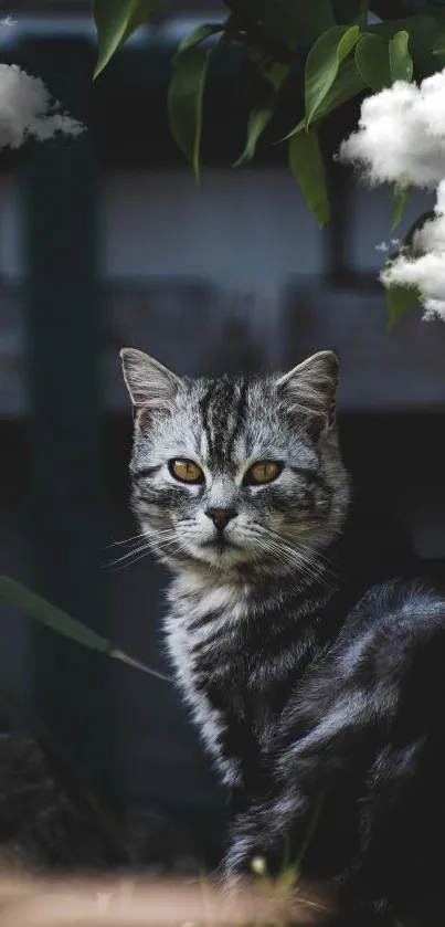 Majestic cat sitting quietly in a lush garden setting.