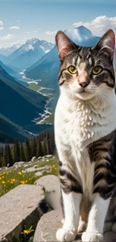 Majestic cat in front of mountain landscape with clear sky.