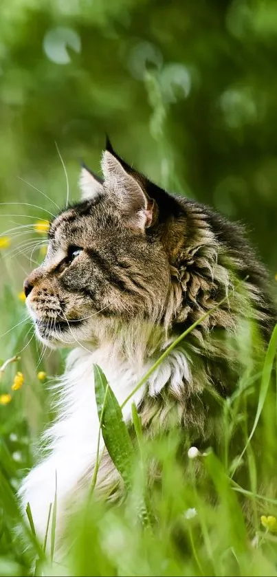 Majestic cat sitting in lush greenery, enjoying nature's beauty.