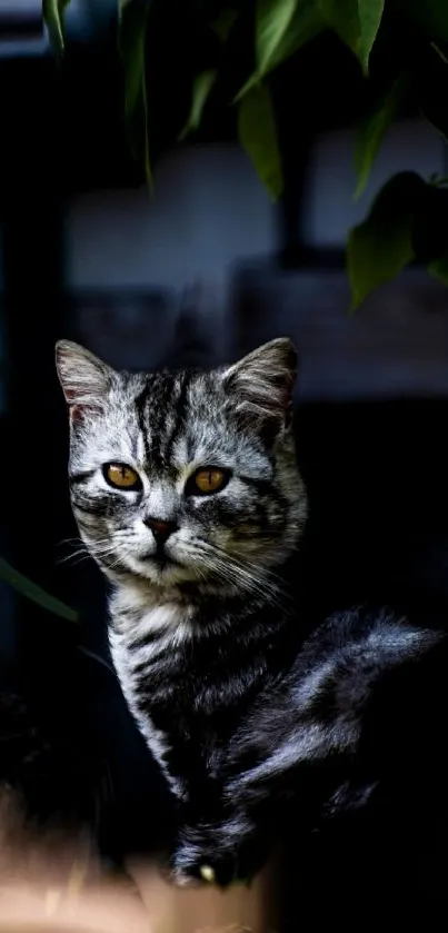 Majestic tabby cat amidst lush green leaves.