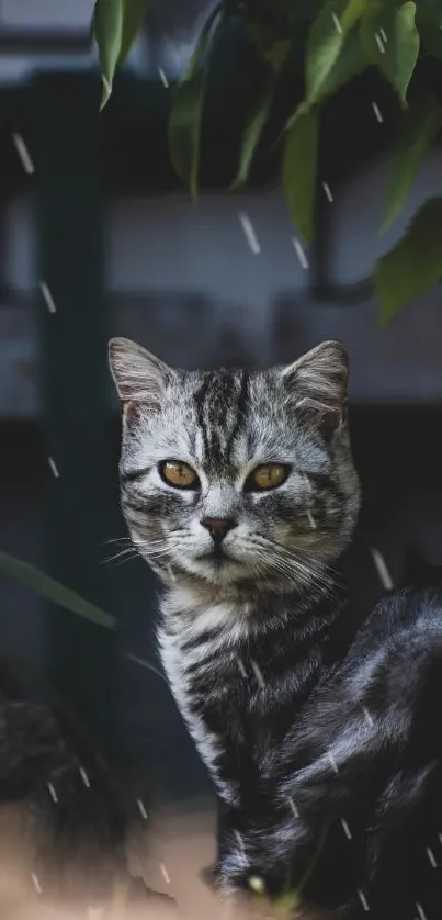 Grey cat sitting in rain with green leaves in background.