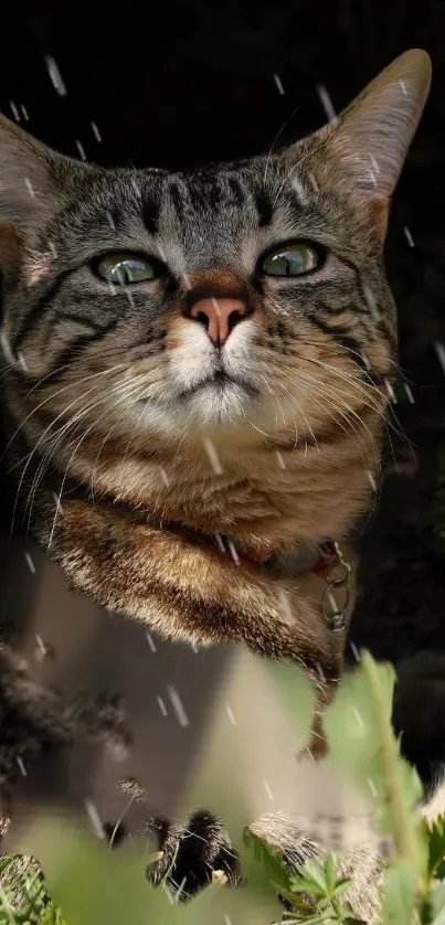 Majestic cat under rain with dark background.