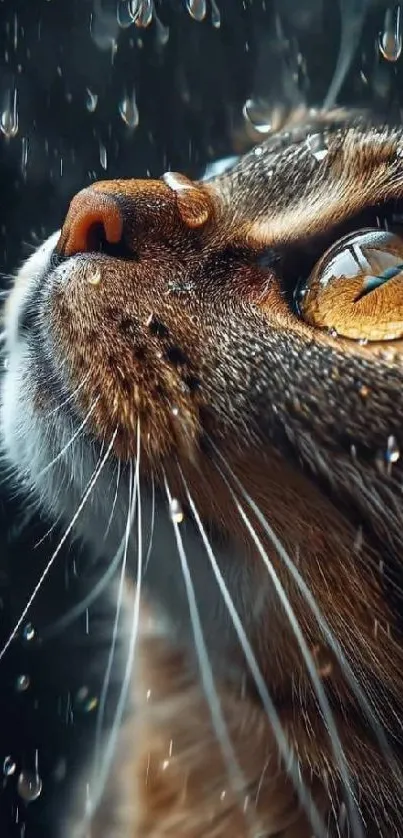 Close-up of a cat's face in the rain, with focus on its eye.