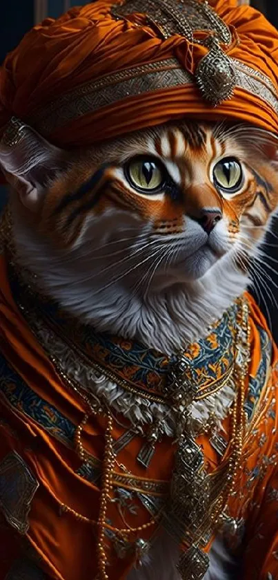 Majestic cat in vibrant royal orange attire.