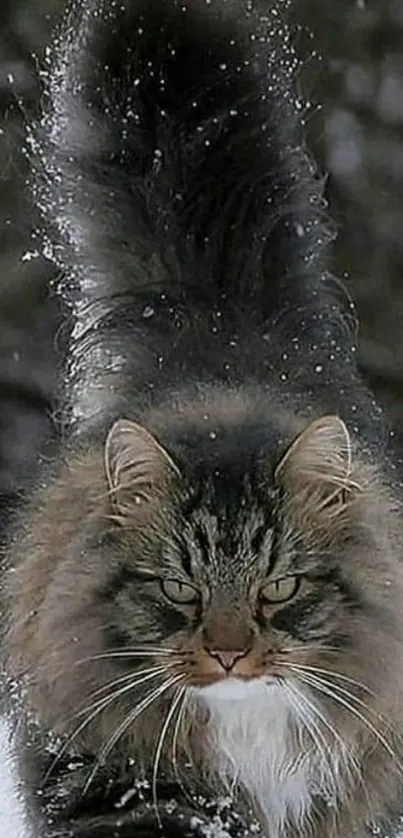 Majestic cat walks through snowy landscape with fluffy tail raised.