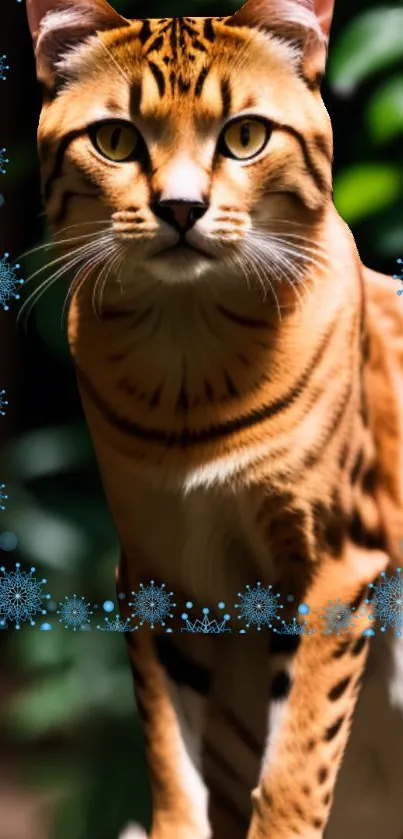 Tiger-like cat with blue snowflakes wallpaper.