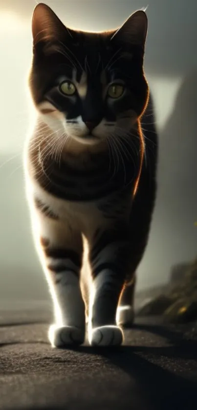 Majestic cat walking on path at sunset with glow effect.