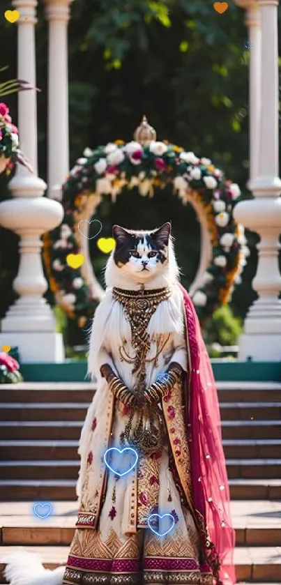 Majestic cat in traditional attire surrounded by grand architecture.