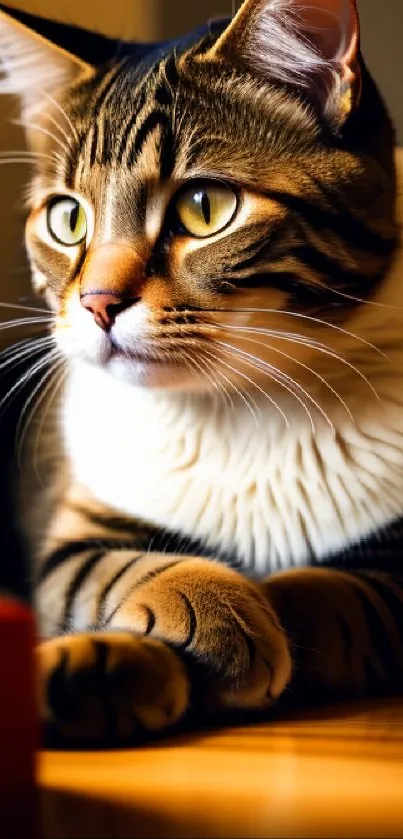 Majestic tabby cat in warm golden light.