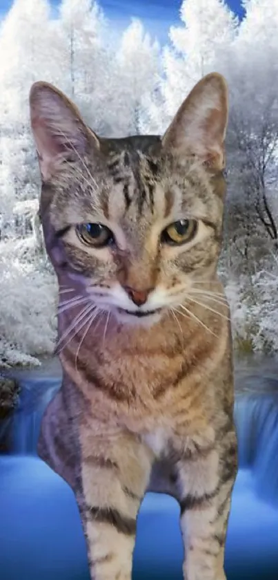 Majestic cat stands gracefully in a snowy winter landscape with a waterfall.