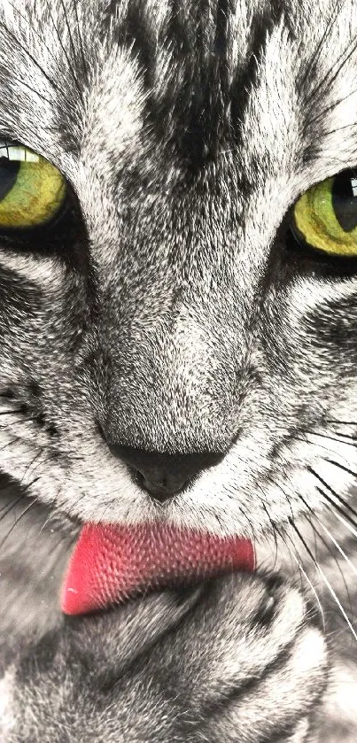 Close-up of a cat with green eyes licking its paw in a mobile wallpaper.
