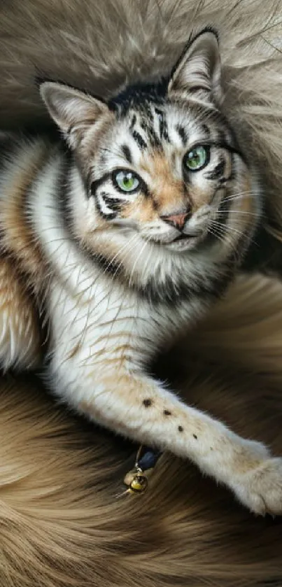 Majestic cat lying on fur with green eyes in mobile wallpaper.