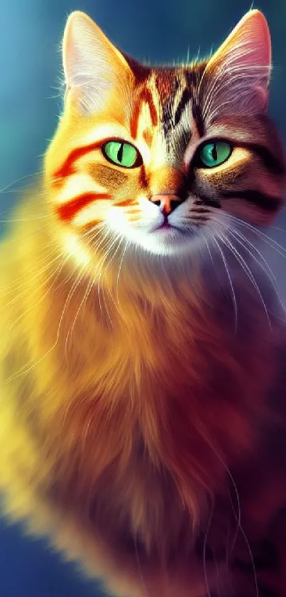 A majestic cat with green eyes on a vibrant mobile wallpaper background.