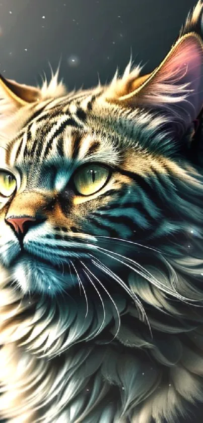 Majestic cat with green eyes in digital art style wallpaper.