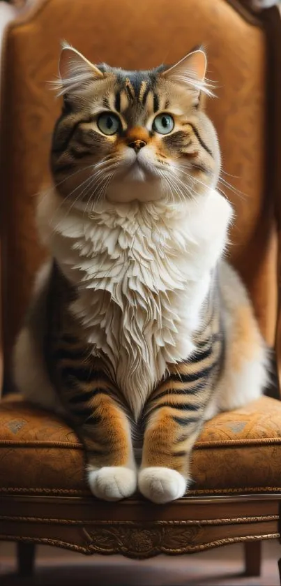 Majestic cat sitting on a vintage chair with elegant details.