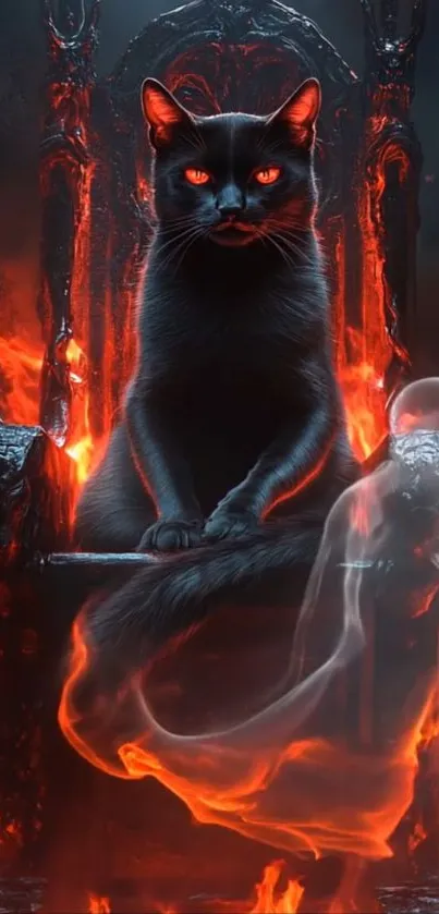 Black cat on a fiery throne with ghostly figures.