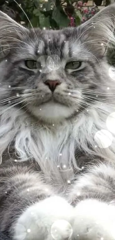 Majestic Maine Coon cat lying on a gray surface outdoors.