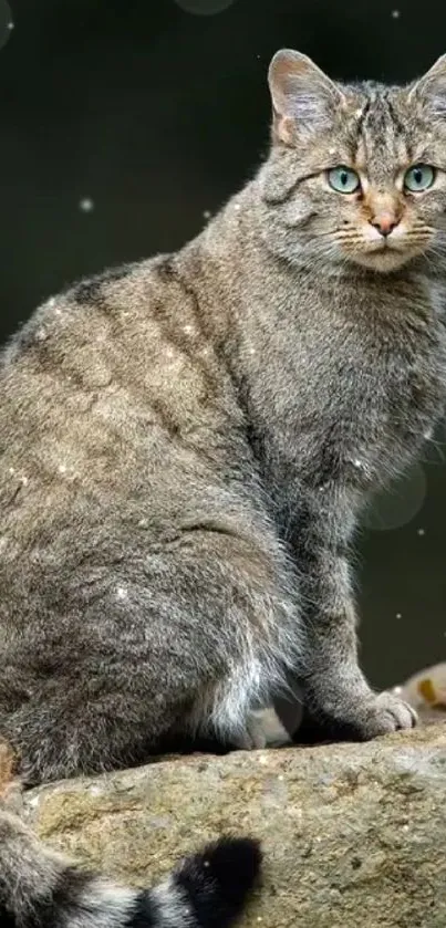 Tabby cat sitting on a rock with soft background blur.